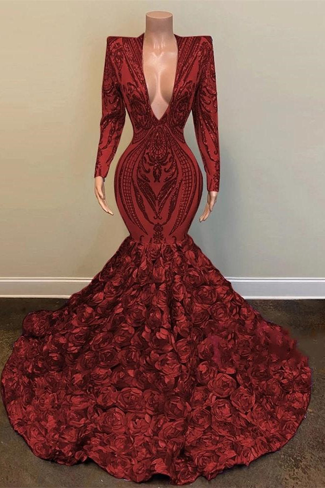 Wine Red V-Neck Long Sleeve Mermaid Prom Dress with Floral Bottom