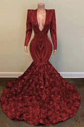 Wine Red V-Neck Long Sleeve Mermaid Prom Dress with Floral Bottom
