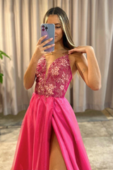 Elegant Pink V-Neck A-Line Long Prom Dress with Slit and Lace