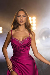 Stunning Ruched Satin A-Line Gown with Spaghetti Straps and Crystal Embellishments