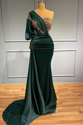 Elegant Dark Green One-Shoulder Mermaid Prom Dress with Beaded Appliques