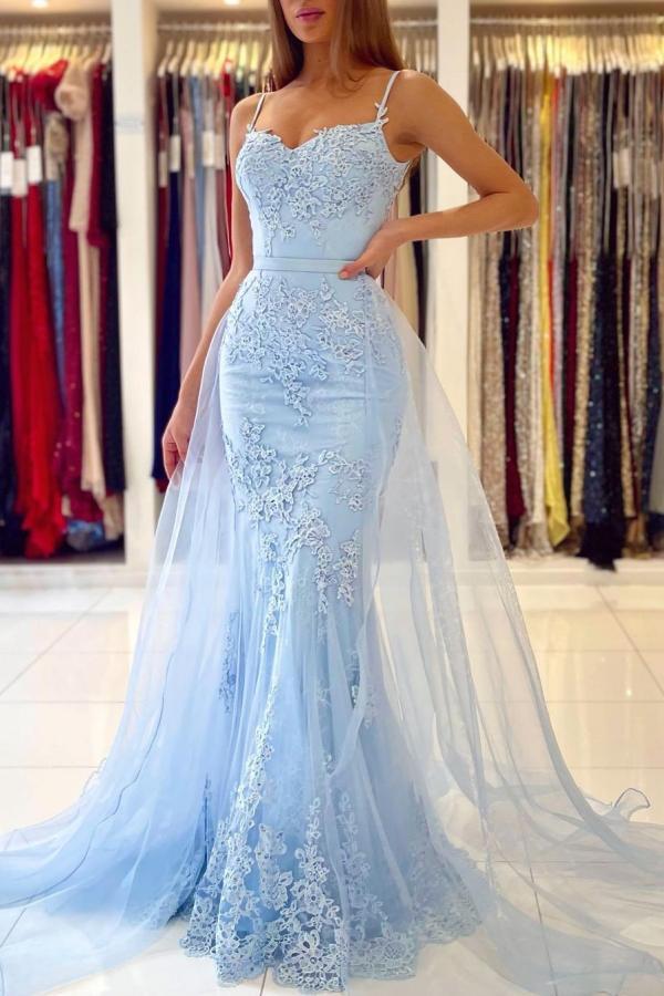 Elegant Sky Blue Lace Mermaid Prom Dress with Sweep Train for Special Occasions