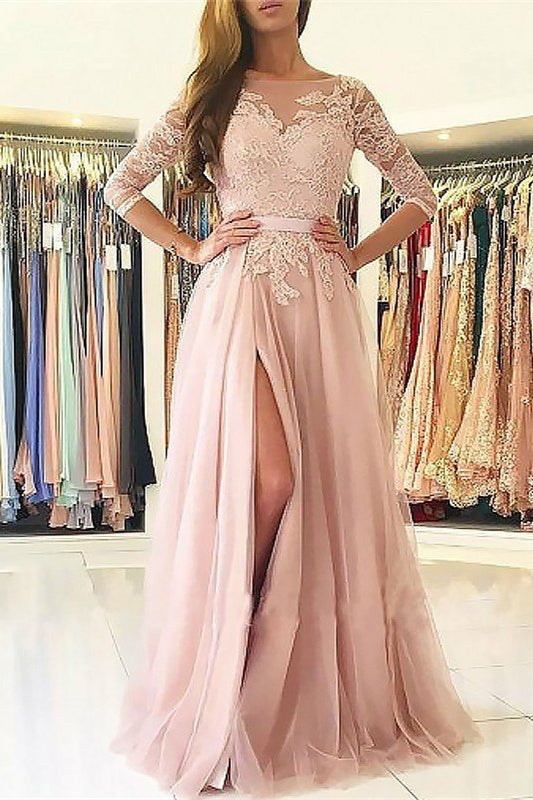 Elegant Pink 3/4 Sleeves Prom Dress with Thigh-High Split OD3026