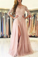 Elegant Pink 3/4 Sleeves Prom Dress with Thigh-High Split OD3026