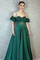 Off-the-Shoulder Spaghetti-Strap Evening Dress with Beautiful Beadings and Details