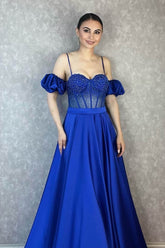 Off the Shoulder Spaghetti Strap Evening Dress with Beautiful Beadings and Details