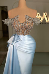 Elegant Off-Shoulder Beaded Ruched Satin Long Prom Dress for Special Occasions