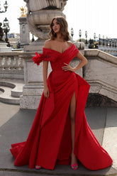 Elegant Off-Shoulder High-Slit Ruched Satin A-Line Floral Prom Gown