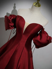 Elegant A-Line Puff Sleeve Satin Burgundy Long Prom Dress