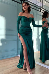 Fashionable Peacock Long Sleeve Prom Dress with Split Pleated Details