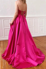 Vibrant Fuchsia Strapless A-Line Prom Dress with Pockets and Elegant Side Split