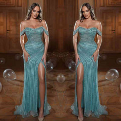 Charming Green Sequin Evening Gown: Strapless Off-Shoulder Prom Dress with Slit
