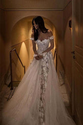 Off-Shoulder Lace A-Line Bridal Gown with Floral Appliqué Train