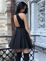 Black A-Line Round Neck Pleated Satin Homecoming Short Prom Graduation Dress