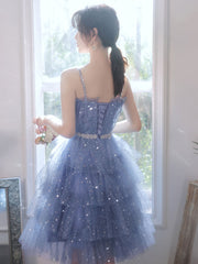 Elegant Blue Tulle Short Prom Dress with Sweetheart Neckline A-Line Silhouette