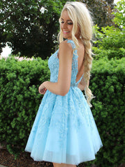 Blue V-Neck Lace Appliques Short Homecoming Prom Dress, Graduation, Formal, Evening