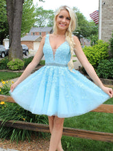 Blue V-Neck Lace Appliques Short Homecoming Prom Dress, Graduation, Formal, Evening