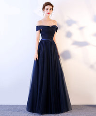 Dark Blue Tulle Long Evening Prom Dress for Women Beautifully Designed