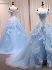 A-Line Sweetheart Neck Tulle Lace Blue Long Prom Dress