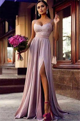 Elegant Pink Lace Spaghetti-Straps Prom Dress, Flowing Chiffon, Sweetheart Neckline, Maxi Gown