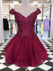 Burgundy Lace Short Prom Homecoming Dress with Cap Sleeves Evening Gown