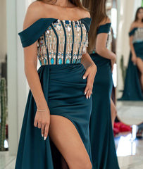 Elegant Strapless Rhinestone Prom Dress Long Side Slit Evening Gown