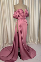 Elegant Pink Charmeuse V-Neck Pleated Slit Evening Dress for Special Occasions