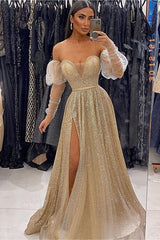 Stunning Champagne Sequin V-Neck Prom Dress with Elegant Long Sleeves and Front Split
