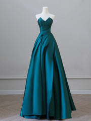 Peacock Blue Satin A-Line Long Prom Dress, Elegant Evening Gown