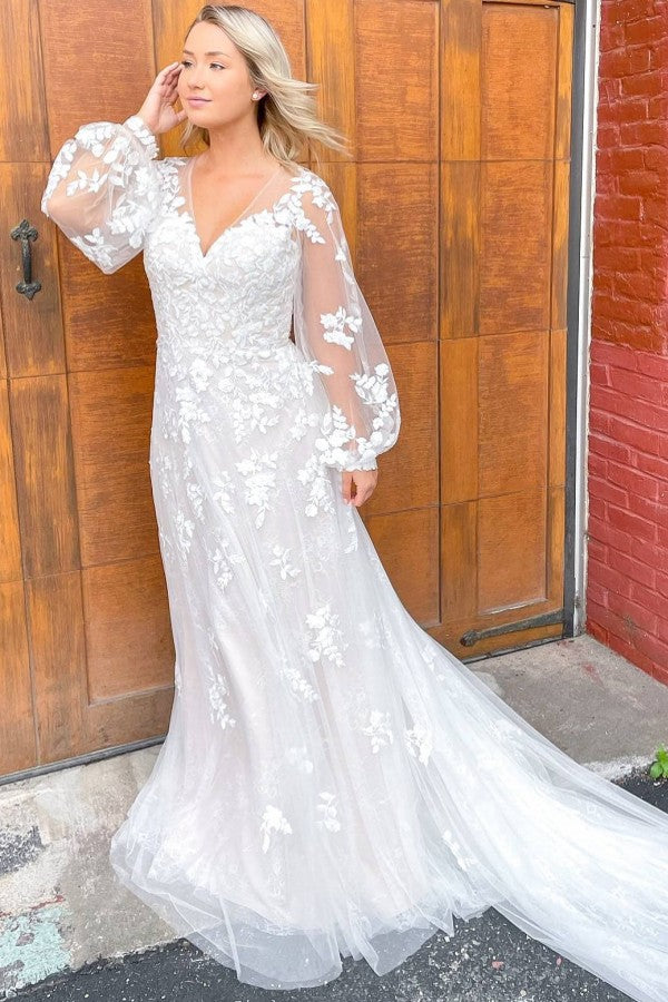 Classy Sheath Deep V-Neck Long Sleeve Wedding Dress with Lace
