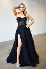 Elegant Black Spaghetti Strap Mermaid Evening Dress with Front Split Lace Appliques