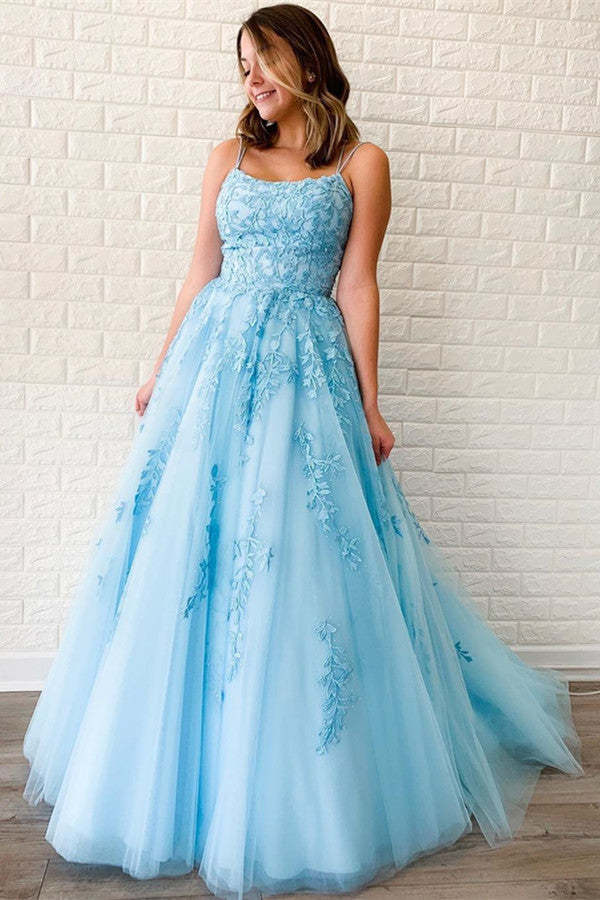 Sky Blue Spaghetti Straps Appliqued Evening Dress - Elegant Formal Gown