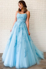 Sky Blue Spaghetti Straps Appliqued Evening Dress - Elegant Formal Gown