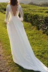 Long Sleeve Backless Chiffon Wedding Dress with Lace Cuffs