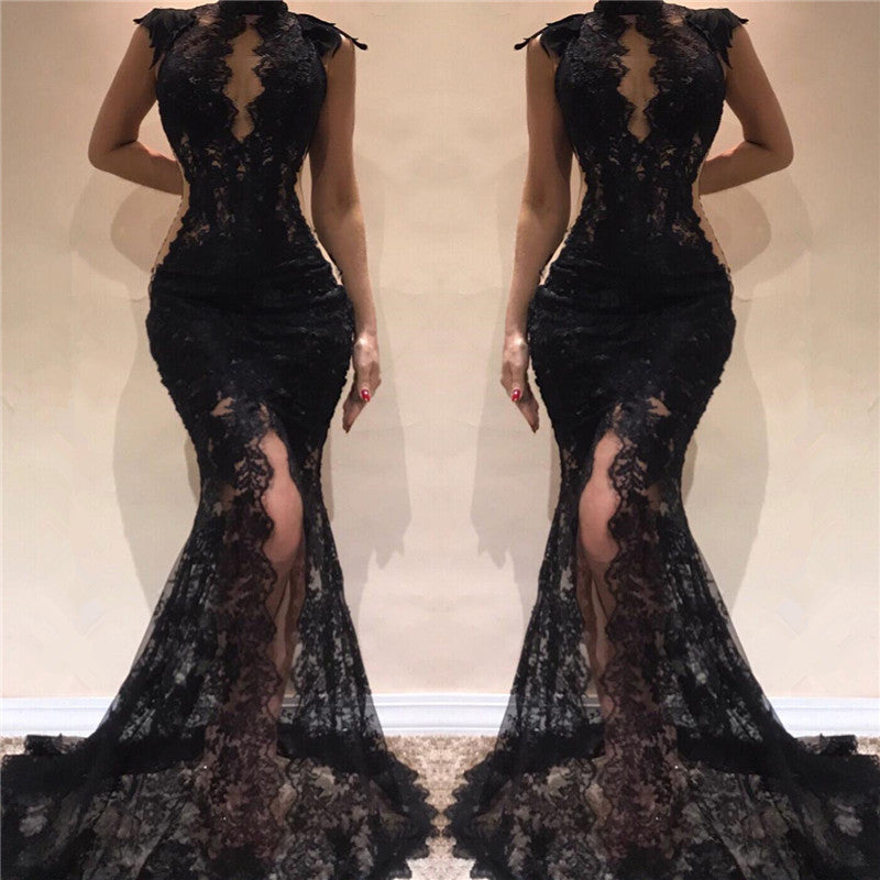 Elegant Black Mermaid Prom Dress: Long Sleeve, Backless, Lace Appliques, Floor-Length Gown