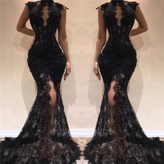 Elegant Black Mermaid Prom Dress: Long Sleeve, Backless, Lace Appliques, Floor-Length Gown