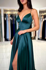 Elegant Spaghetti Strap Satin Formal Dress with Slit - Perfect for Evening Wear