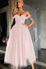 Elegant Black Off-Shoulder Sweetheart A-Line Tulle Beaded Prom Dress Gown