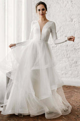 Long Sleeve V-Plunge Tulle Wedding Dress Layered Skirt