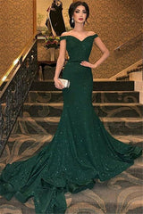 Dark Green Off-Shoulder Mermaid Evening Dress with Sequin Sparkle and Chapel Train