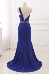Royal Blue One Shoulder Mermaid Prom Dress Backless Beaded Design