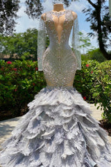 Elegant Silver Slim Prom Dress with Sleeves, V-Neck Mermaid Party Gown Long