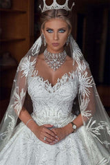 Beaded Cap-Sleeve Ball Gown Wedding Dress with Tulle Appliqué