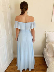 Elegant Off-the-Shoulder Sky Blue Prom Dress with Thigh High Split