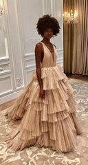 Ball Gown Unique Prom Dress Tiered Skirt Formal Evening Wear