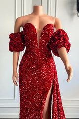 Elegant Strapless Mermaid Prom Dress with Bubble Sleeves and High Split Design