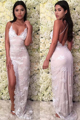 Elegant Deep V-Neck Spaghetti-Strap Backless Lace Prom Gown with Thigh-High Split