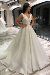 Elegant A-Line V-Neck Lace Wedding Dress, Sleeveless, Long, with Court Train