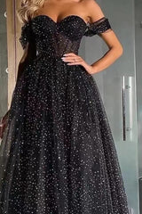 Elegant Black Off-Shoulder Sweetheart A-Line Tulle Beaded Prom Dress Gown