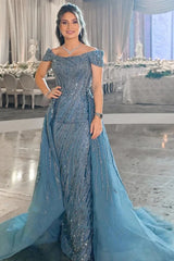 Elegant Liliac Satin Mermaid Prom Dress with Glitter Beadings and Long Sleeves